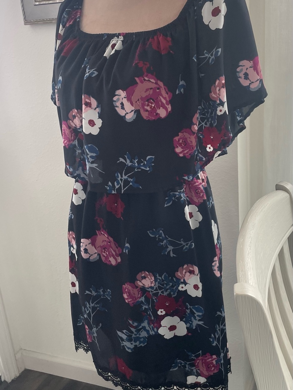 Charlotte Russe Ruffled Cape,  Floral Square-Neck Dress with Pink & White Blooms